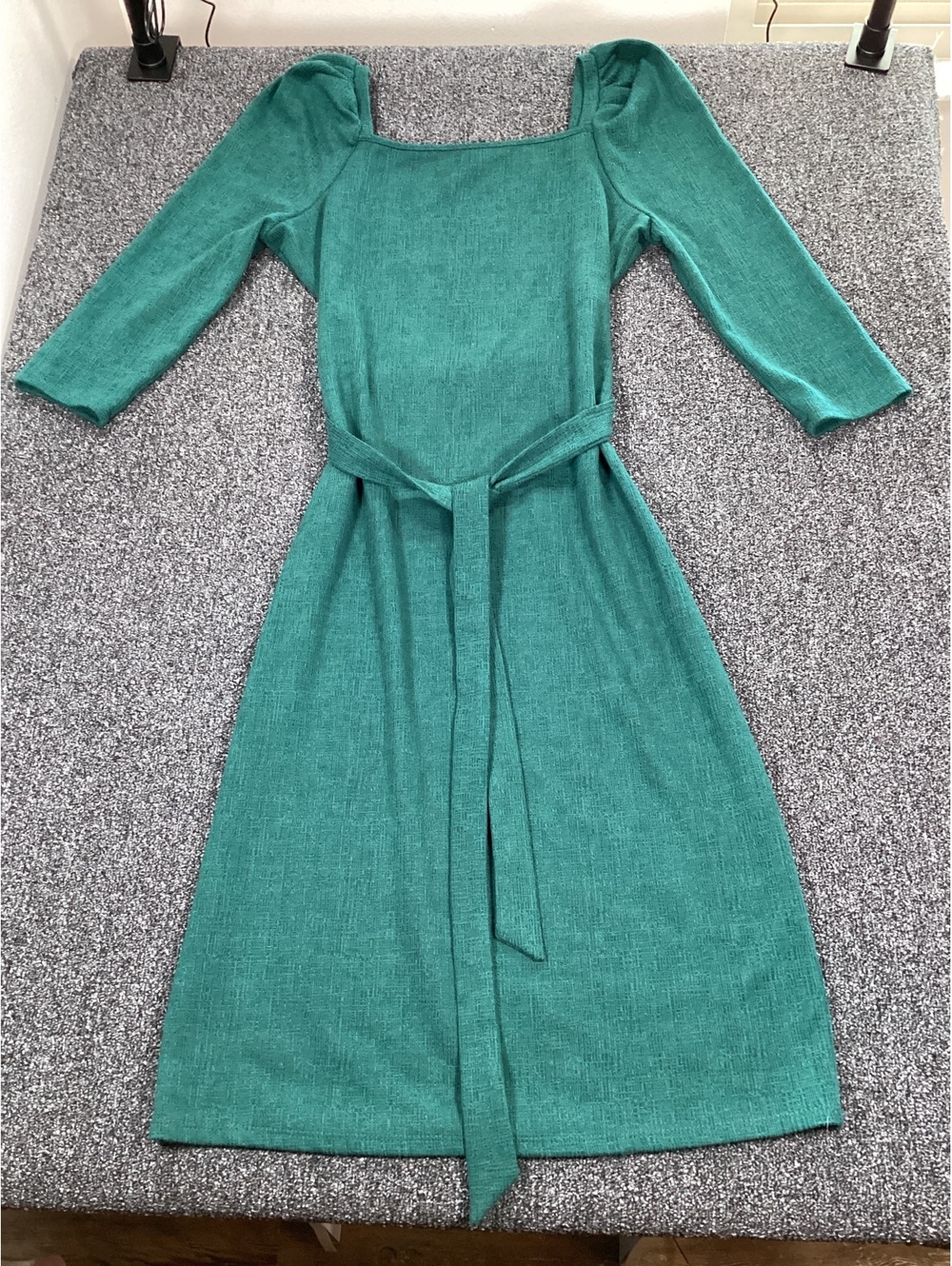 Tacera Green Textured Midi Dress with Belt and Square Neck